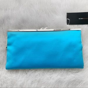 BCBG CLUTCH PURSE HANDBAG BAG SATIN TURQUOISE BLUE
